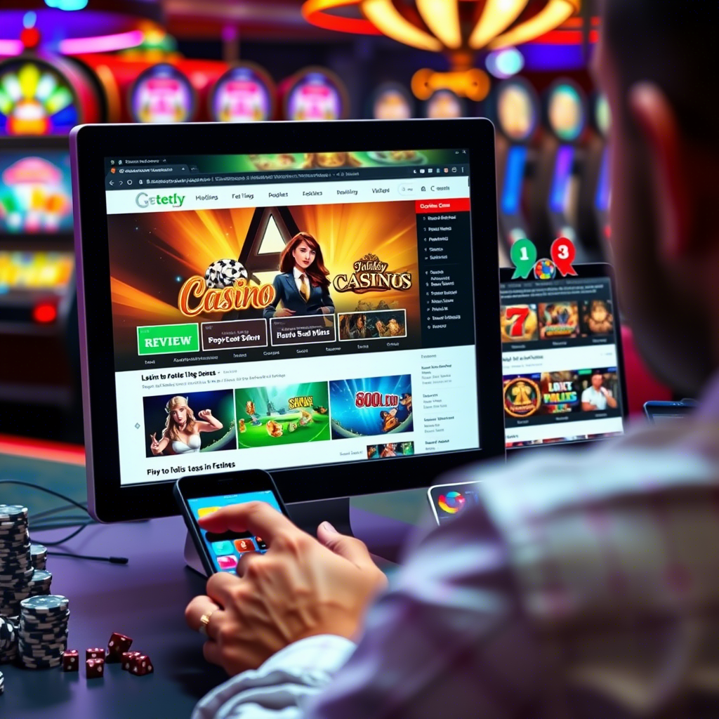 A collage of various online casino interfaces, showing game selections, live dealer tables, and casino logos. The image conveys a professional and comprehensive review of multiple casinos.